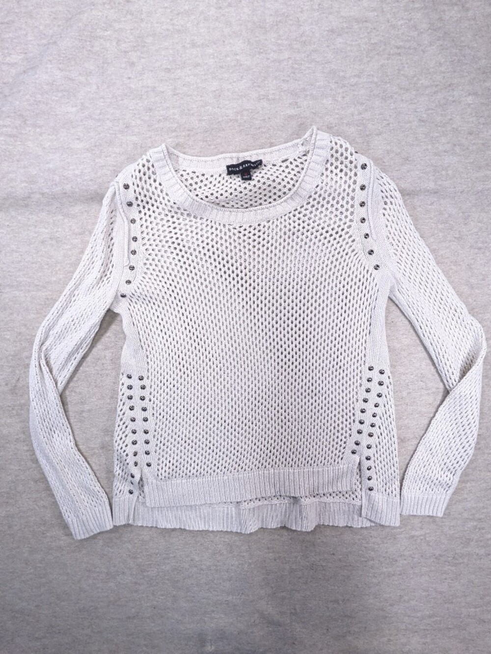Rock Republic Open Knit Cream Long Sleeve Sweater Studded Scoop Neck Cotton M
